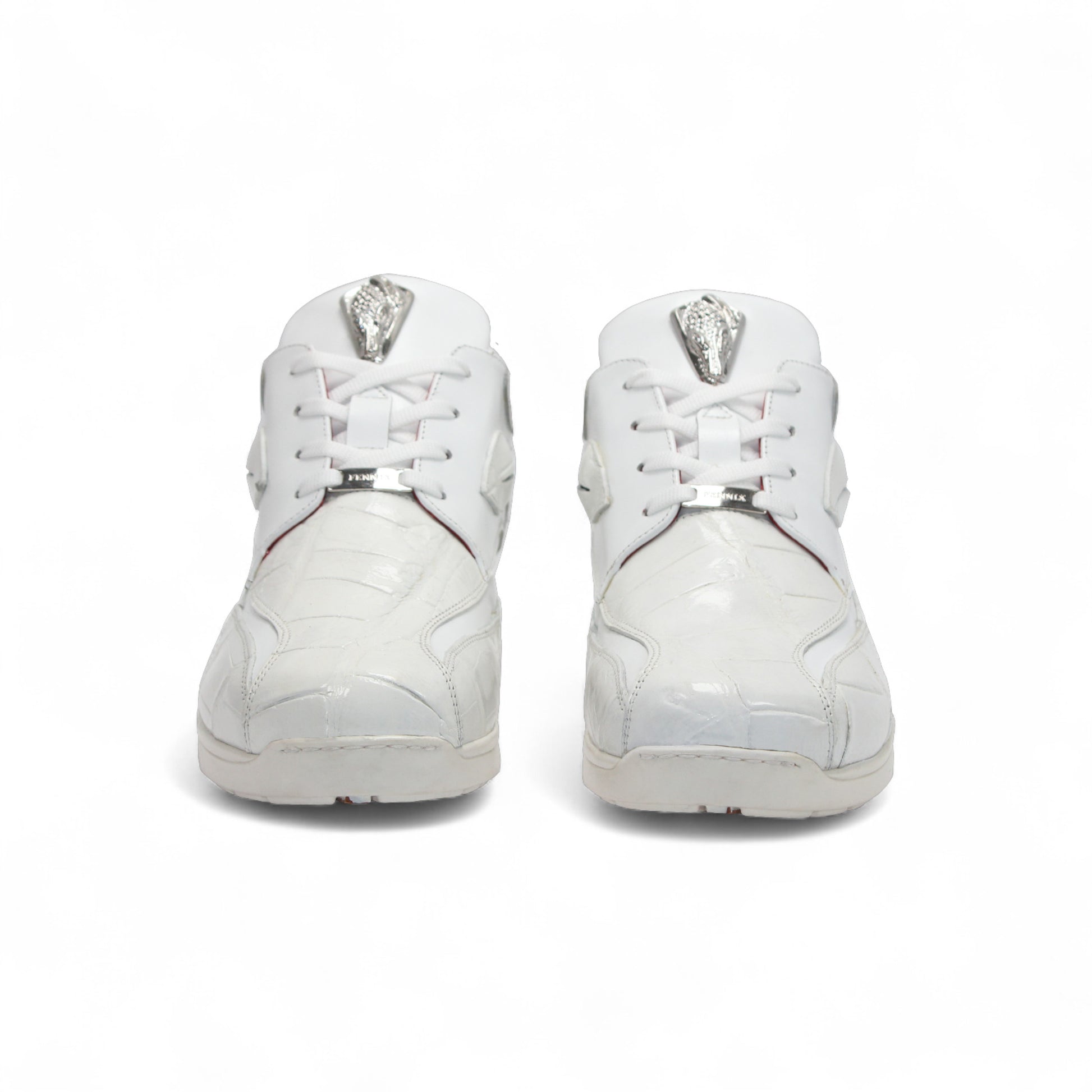 The Fennix Mason White by Fennix of Italy are modern white leather sneakers with silver accents and red inner lining, shown side by side on a white background.