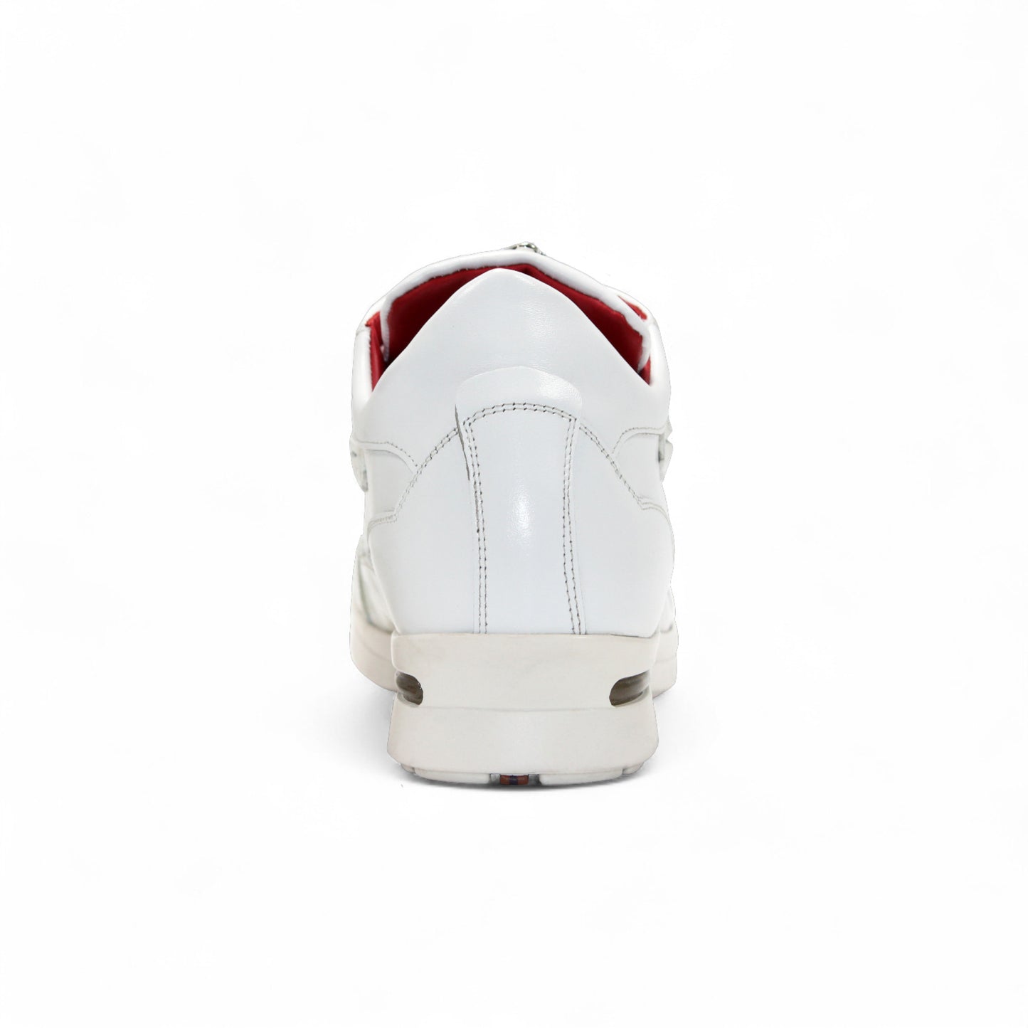 The Fennix Mason White by Fennix of Italy are modern white leather sneakers with silver accents and red inner lining, shown side by side on a white background.