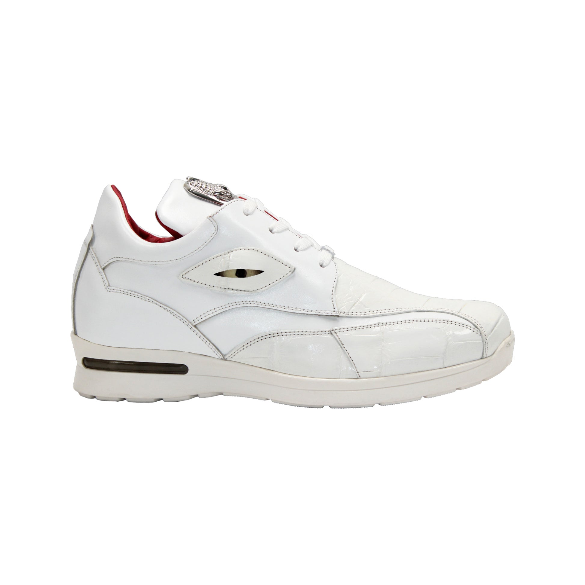 The Fennix Mason White by Fennix of Italy are modern white leather sneakers with silver accents and red inner lining, shown side by side on a white background.