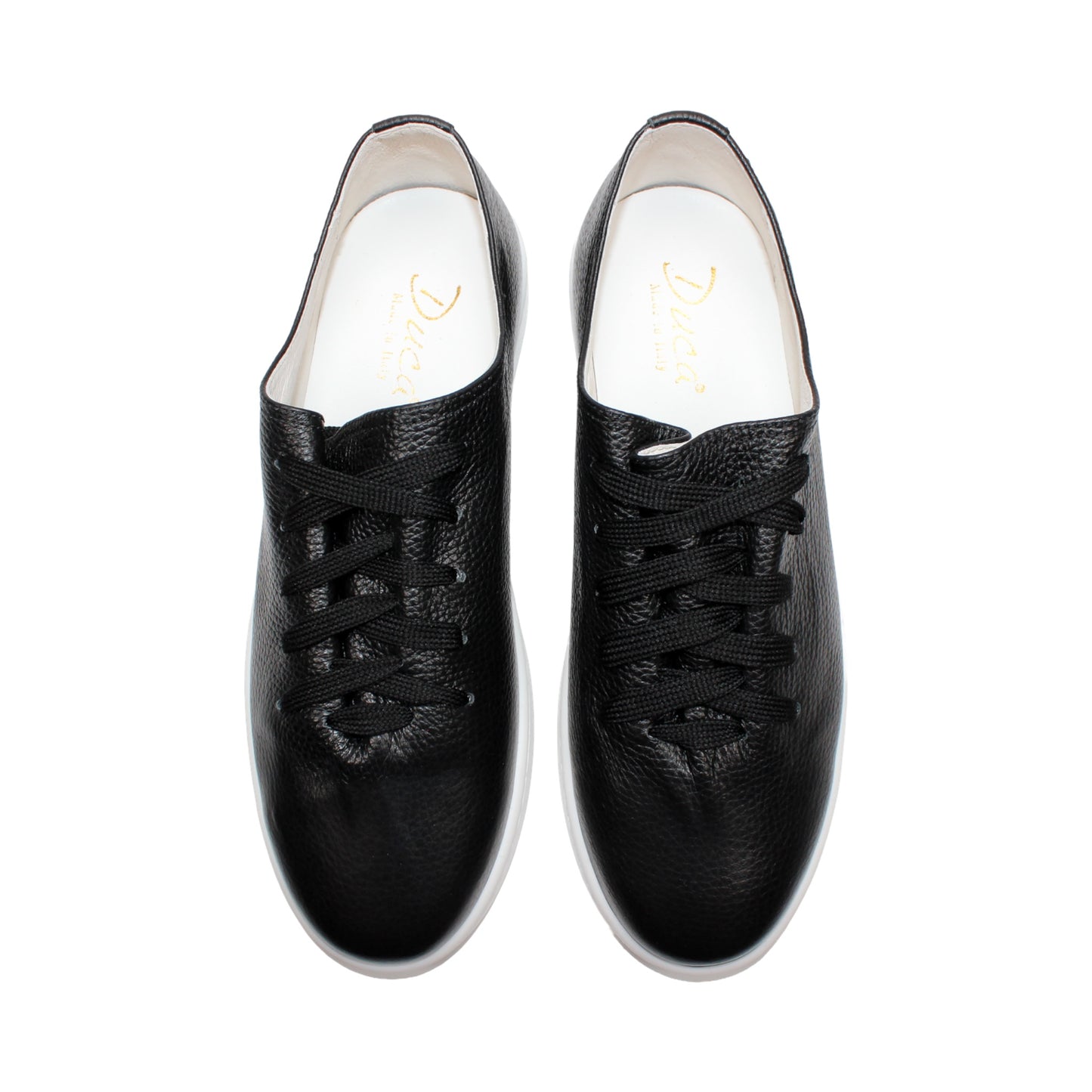 The Duca Di Matiste Duca Max Black is a modern black Italian Dollaro leather sneaker with black laces and a white rubber sole, displayed in side profile against a white background.