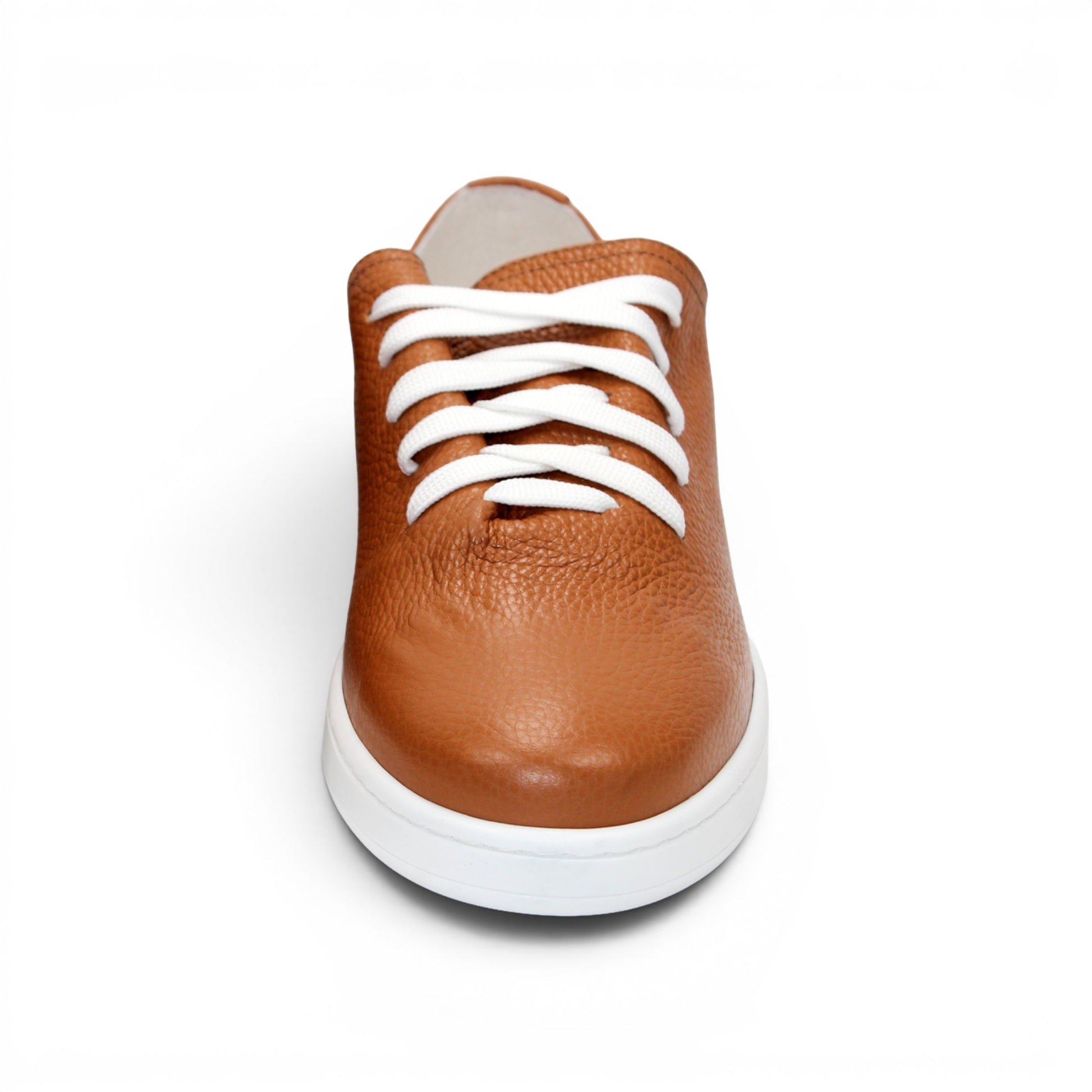 The Duca Max Latte sneaker by Duca Di Matiste features premium brown Italian Dollaro leather, white laces, and a white rubber sole, displayed in side profile against a white background.