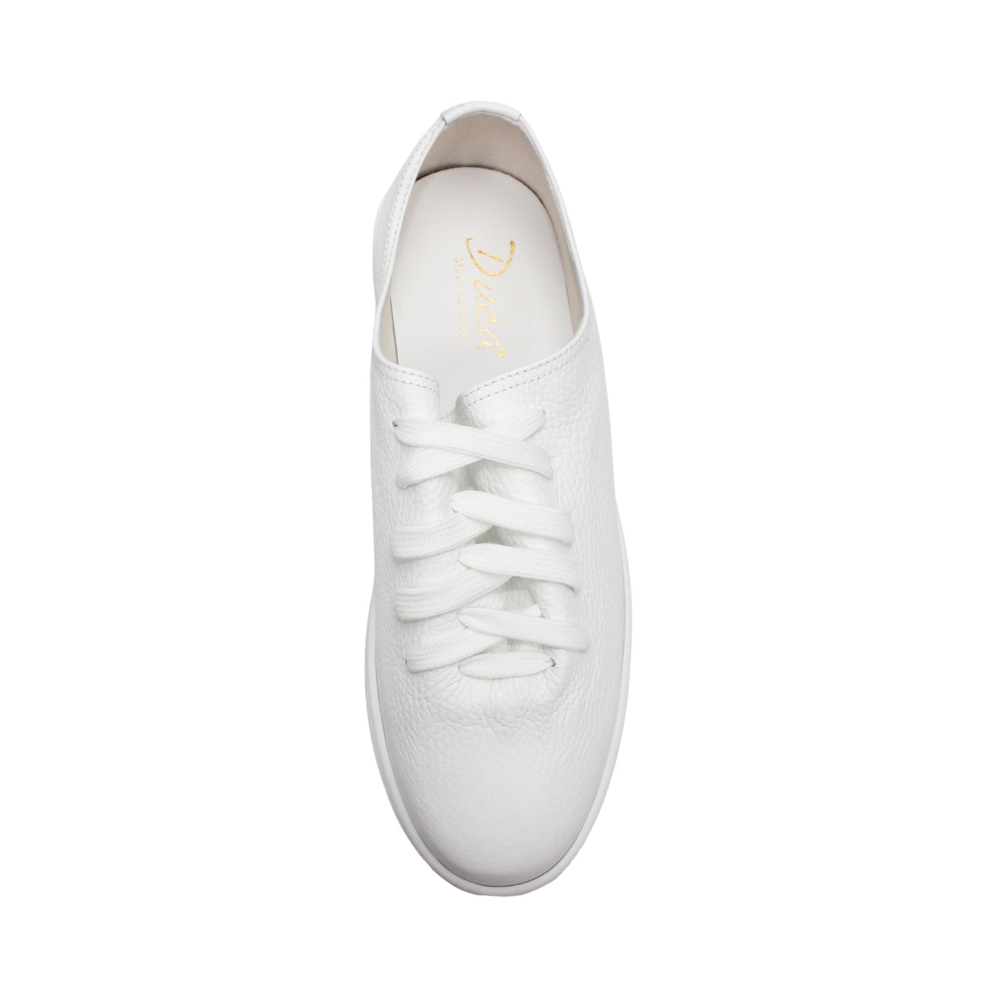 The Duca Max White by Duca Di Matiste is a low-top sneaker with white laces and a textured premium Dollaro leather upper, shown in profile against a white background—ideal for modern casual style.