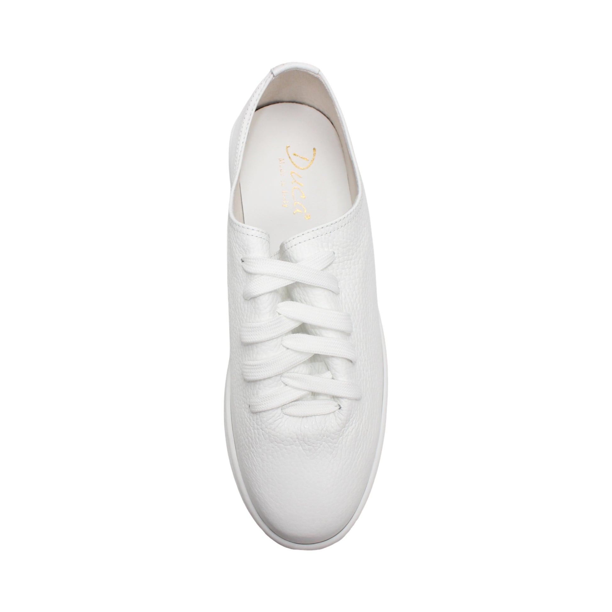The Duca Max White by Duca Di Matiste is a low-top sneaker with white laces and a textured premium Dollaro leather upper, shown in profile against a white background—ideal for modern casual style.