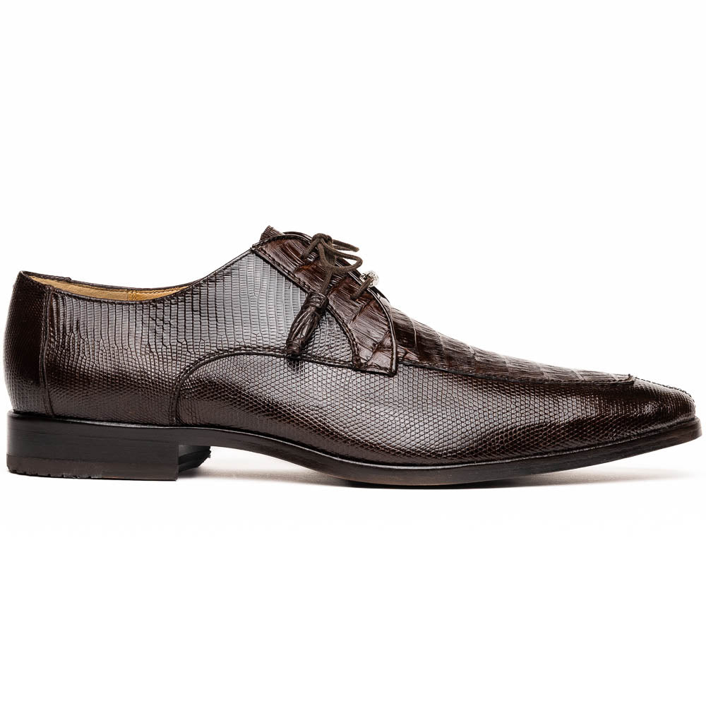 The Merida Brown by Marco Di Milano: a pair of dark brown, textured caiman dress derby shoes with laces—one upright and the other on its side revealing the sole—ideal for those seeking genuine exotic luxury footwear.