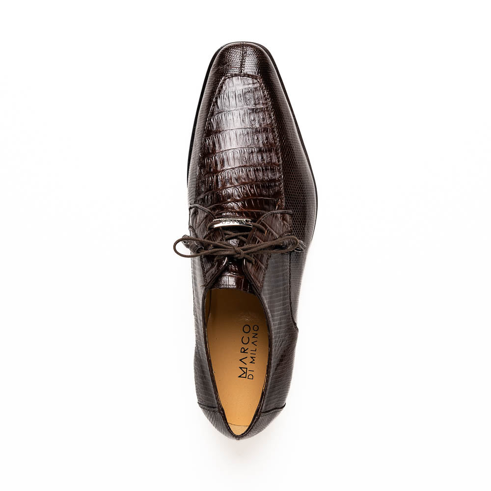 The Merida Brown by Marco Di Milano: a pair of dark brown, textured caiman dress derby shoes with laces—one upright and the other on its side revealing the sole—ideal for those seeking genuine exotic luxury footwear.