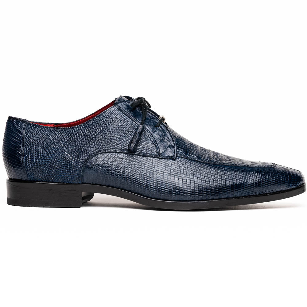 The Merida Navy by Marco Di Milano: blue textured leather caiman dress derby shoes, shown upright and on their side to highlight the sole and striking red inner lining—an elegant expression of luxury footwear.