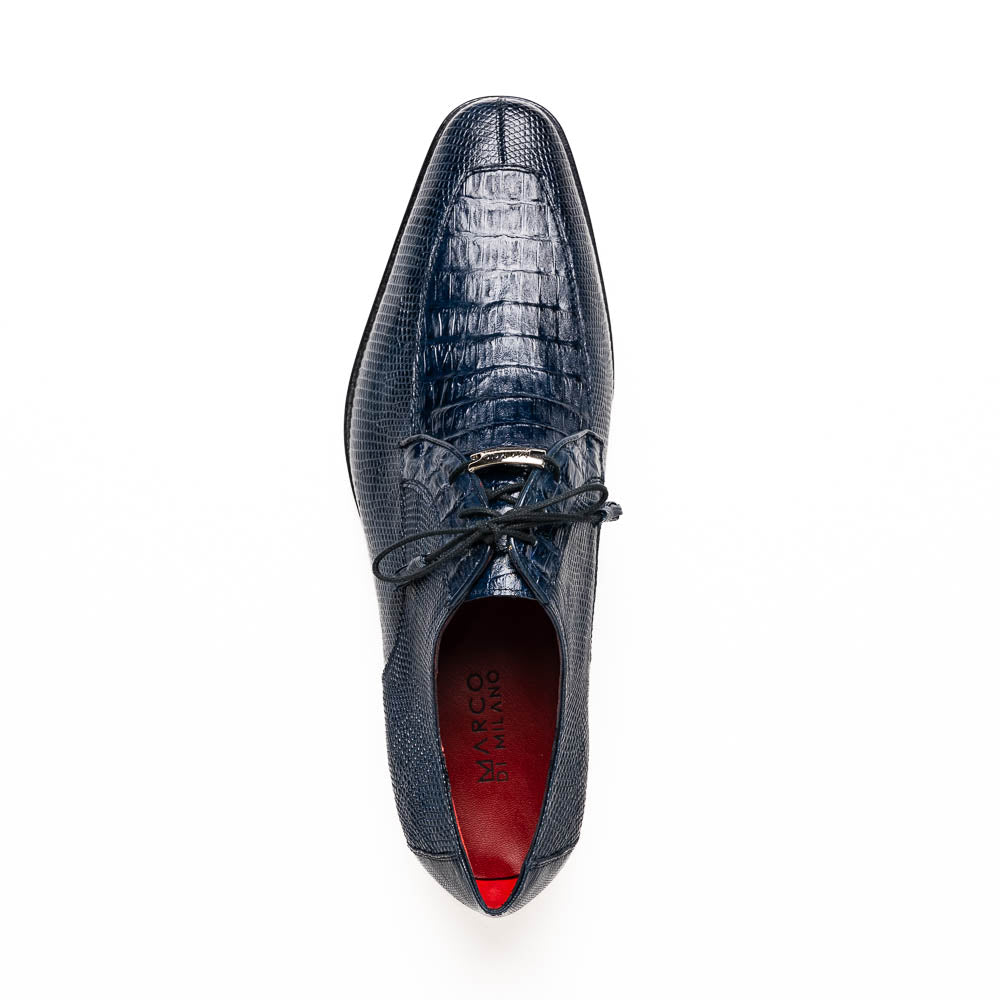 The Merida Navy by Marco Di Milano: blue textured leather caiman dress derby shoes, shown upright and on their side to highlight the sole and striking red inner lining—an elegant expression of luxury footwear.
