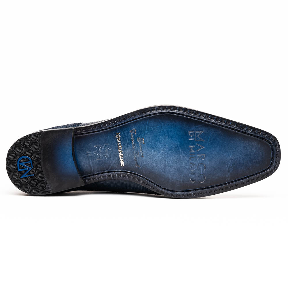 The Merida Navy by Marco Di Milano: blue textured leather caiman dress derby shoes, shown upright and on their side to highlight the sole and striking red inner lining—an elegant expression of luxury footwear.