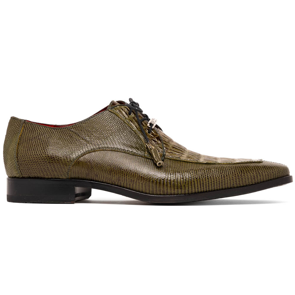 The Merida Olive Green by Marco Di Milano is a pair of olive green textured leather caiman Derby shoes with black laces, red interior lining, dark soles, embossed branding, and hand-painted finishes—a true luxury statement.