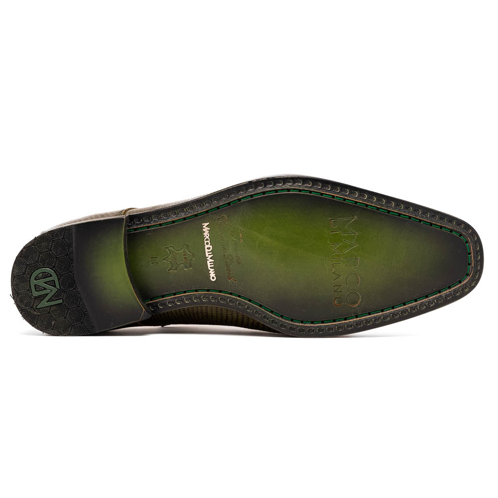 The Merida Olive Green by Marco Di Milano is a pair of olive green textured leather caiman Derby shoes with black laces, red interior lining, dark soles, embossed branding, and hand-painted finishes—a true luxury statement.
