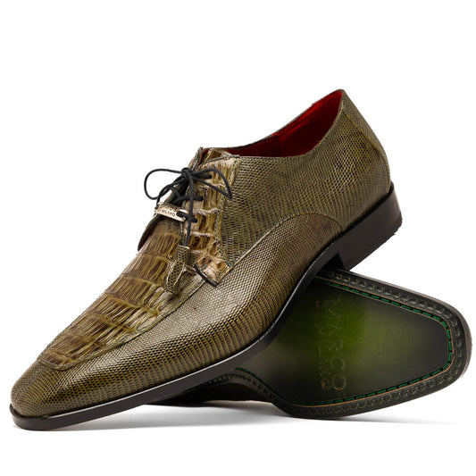 The Merida Olive Green by Marco Di Milano is a pair of olive green textured leather caiman Derby shoes with black laces, red interior lining, dark soles, embossed branding, and hand-painted finishes—a true luxury statement.