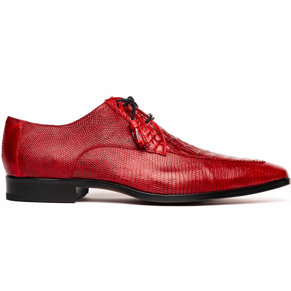 The Merida Red by Marco Di Milano are red textured leather luxury dress shoes with black laces and red tassels, shown both upright and sideways to highlight their hand-painted sole finishes.