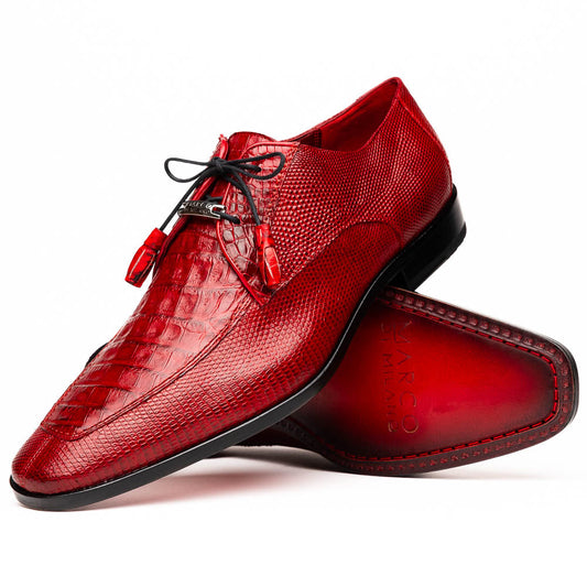 The Merida Red by Marco Di Milano are red textured leather luxury dress shoes with black laces and red tassels, shown both upright and sideways to highlight their hand-painted sole finishes.