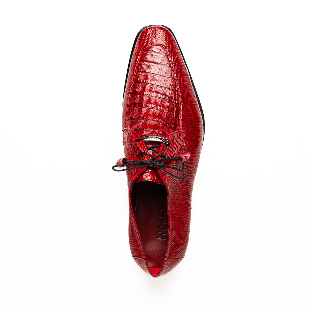 The Merida Red by Marco Di Milano are red textured leather luxury dress shoes with black laces and red tassels, shown both upright and sideways to highlight their hand-painted sole finishes.