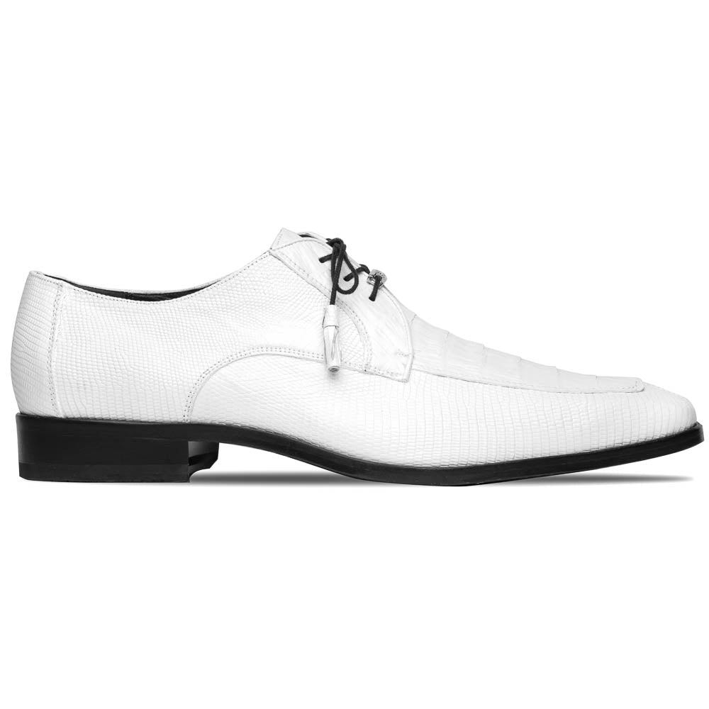 The Merida White by Marco Di Milano: luxury white textured leather caiman derby shoes with black soles, black laces, and brown leather outsoles, displayed with one shoe on its side.
