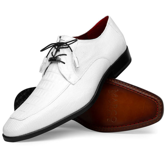 The Merida White by Marco Di Milano: luxury white textured leather caiman derby shoes with black soles, black laces, and brown leather outsoles, displayed with one shoe on its side.