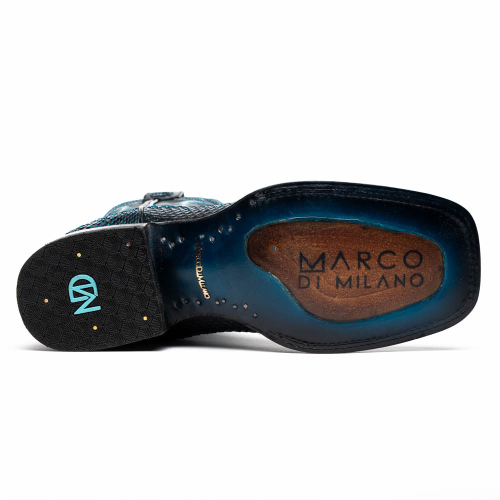 The Missouri Black / Blue boots by Marco Di Milano are handcrafted men's cowboy boots in black and blue, featuring genuine python skin and a textured snakeskin pattern—one boot upright, the other revealing the branded sole.