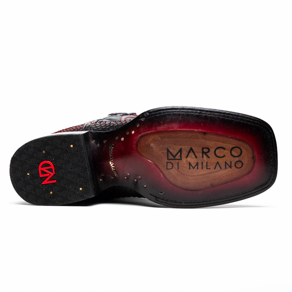 The Missouri BlackCherry by Marco Di Milano are handcrafted men's cowboy boots in black and red with a striking snakeskin texture, decorative stitching, and the sole stamped "Marco Di Milano." One boot is shown upright; the other displays the sole.
