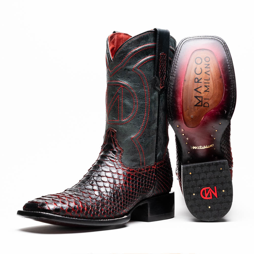 The Missouri BlackCherry by Marco Di Milano are handcrafted men's cowboy boots in black and red with a striking snakeskin texture, decorative stitching, and the sole stamped "Marco Di Milano." One boot is shown upright; the other displays the sole.