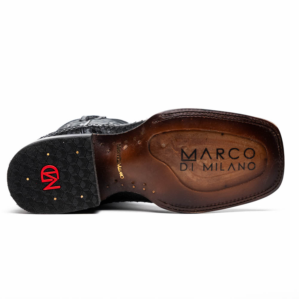 Missouri Black by Marco Di Milano: black, textured handcrafted men's boots with a red interior lining. One boot stands upright, the other shows the "MARCO DI MILANO" sole—exotic western boots for a bold statement.
