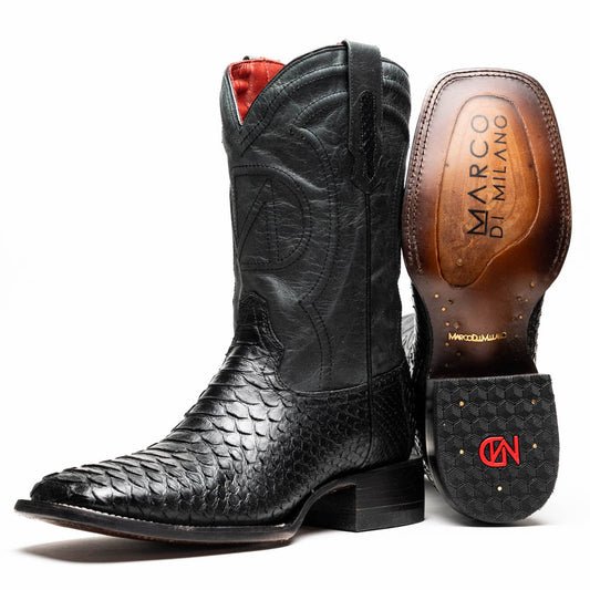 Missouri Black by Marco Di Milano: black, textured handcrafted men's boots with a red interior lining. One boot stands upright, the other shows the "MARCO DI MILANO" sole—exotic western boots for a bold statement.