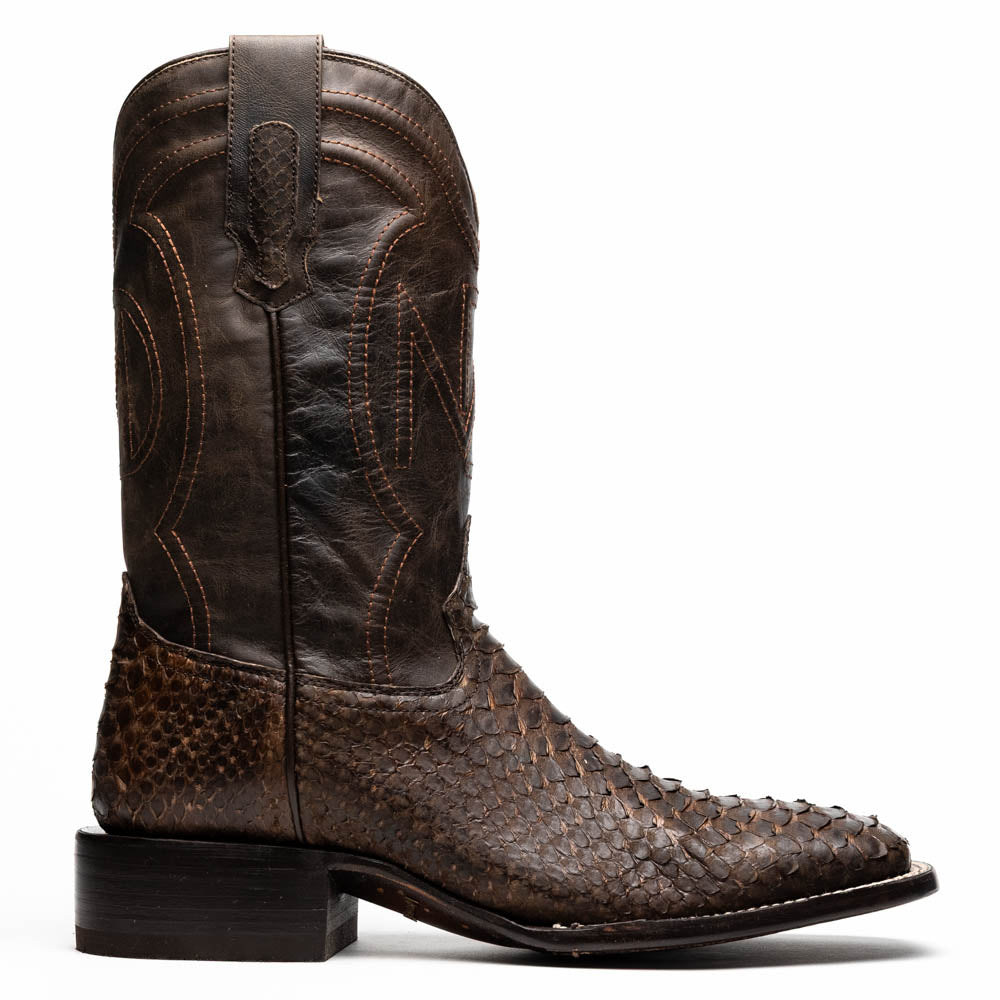 Missouri Brown by Marco Di Milano: a pair of handcrafted men's cowboy boots in genuine brown python skin, one standing upright and one displaying the branded sole, for an exotic western look.