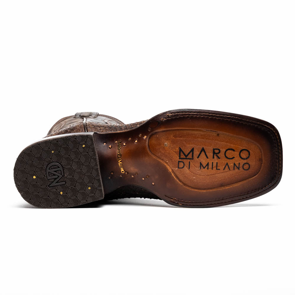 Missouri Brown by Marco Di Milano: a pair of handcrafted men's cowboy boots in genuine brown python skin, one standing upright and one displaying the branded sole, for an exotic western look.