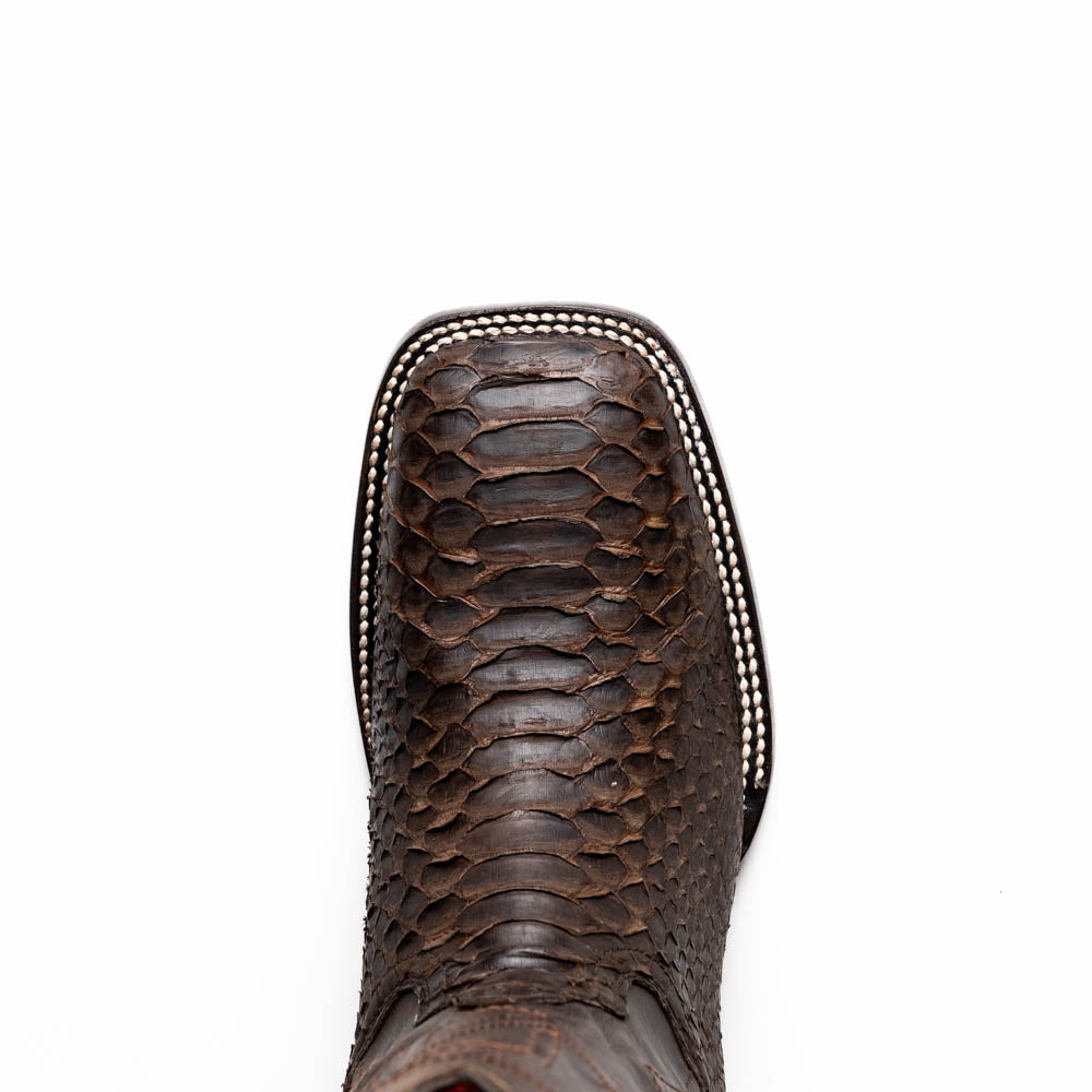 Missouri Brown by Marco Di Milano: a pair of handcrafted men's cowboy boots in genuine brown python skin, one standing upright and one displaying the branded sole, for an exotic western look.