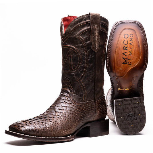Missouri Brown by Marco Di Milano: a pair of handcrafted men's cowboy boots in genuine brown python skin, one standing upright and one displaying the branded sole, for an exotic western look.