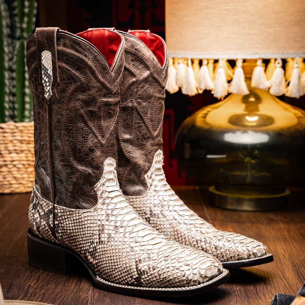 The Missouri Natural by Marco Di Milano: handcrafted men's cowboy boots with a snakeskin texture and brown shaft, featuring a sole stamped with the brand—distinctive exotic western boots.