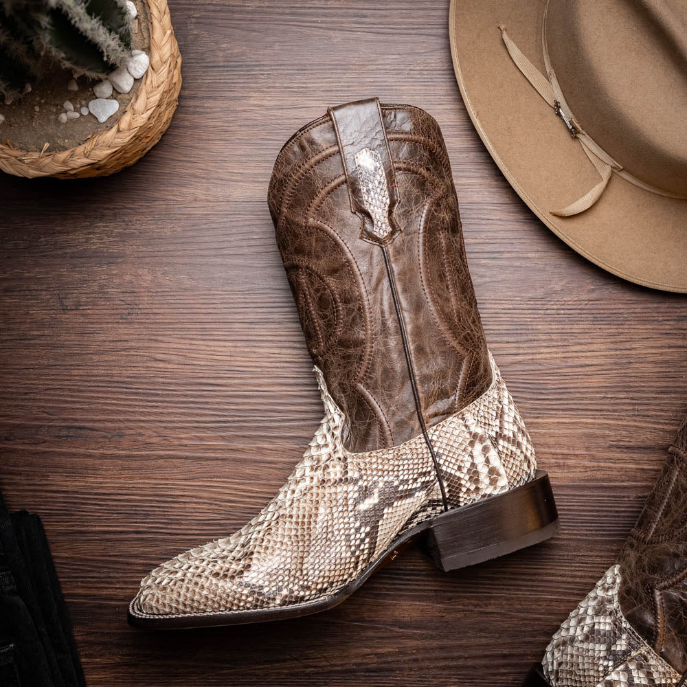 The Missouri Natural by Marco Di Milano: handcrafted men's cowboy boots with a snakeskin texture and brown shaft, featuring a sole stamped with the brand—distinctive exotic western boots.