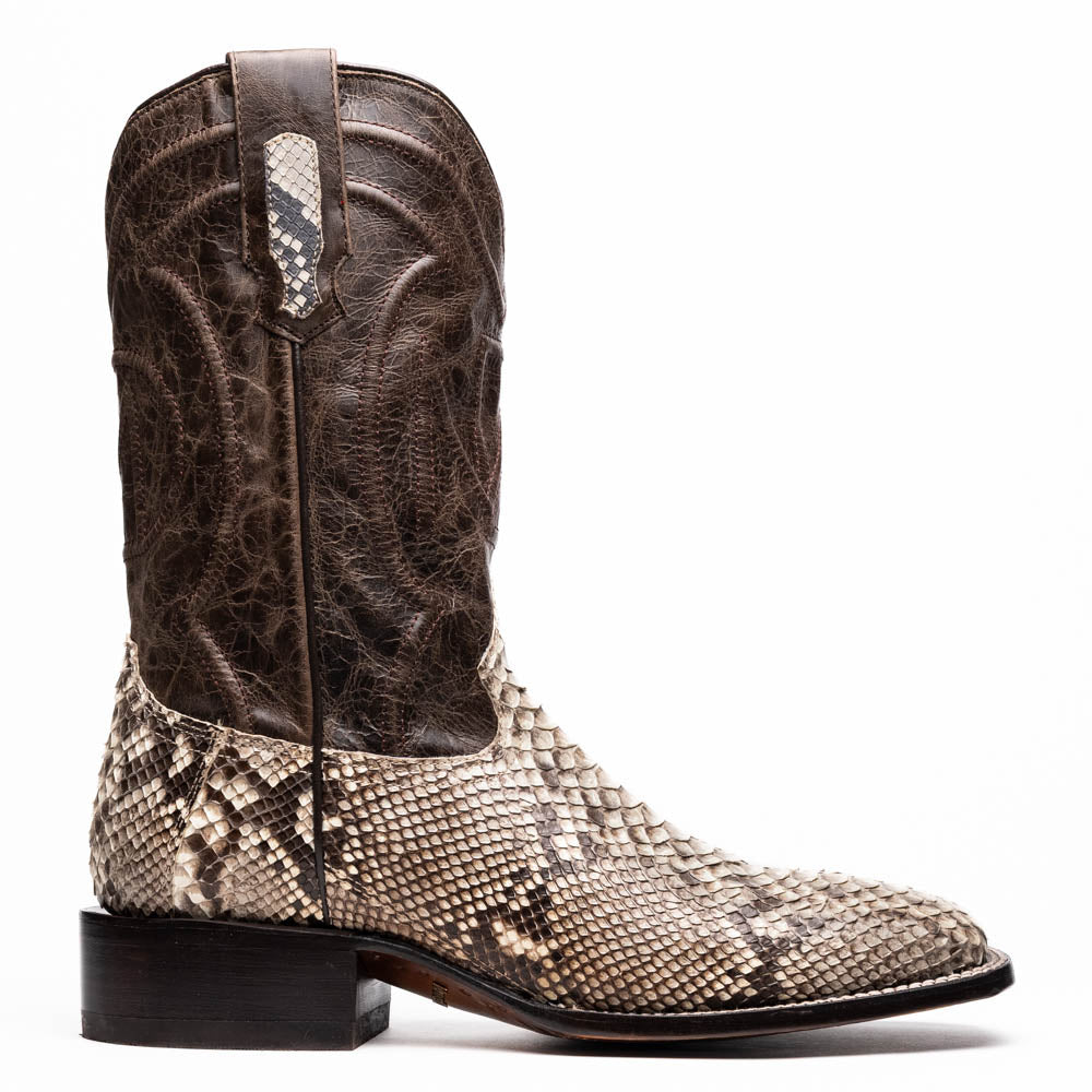 The Missouri Natural by Marco Di Milano: handcrafted men's cowboy boots with a snakeskin texture and brown shaft, featuring a sole stamped with the brand—distinctive exotic western boots.