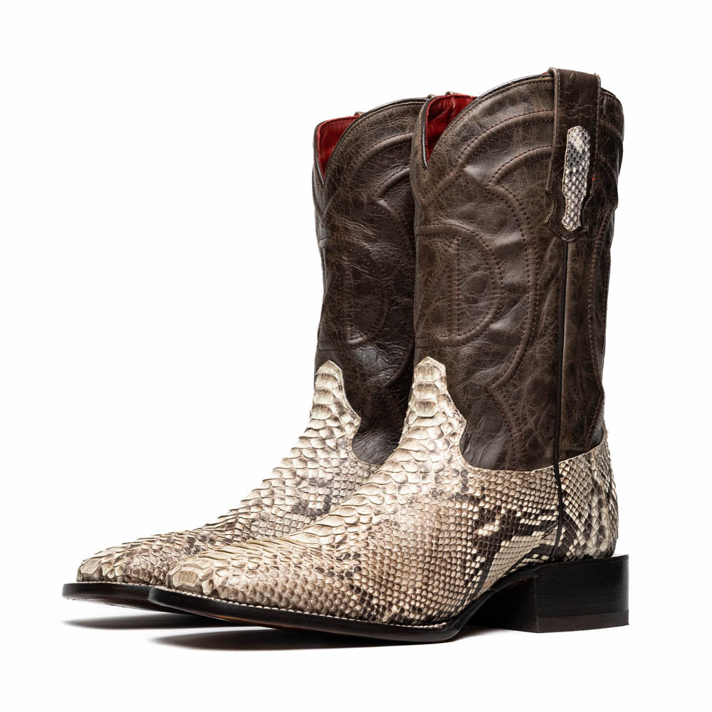 The Missouri Natural by Marco Di Milano: handcrafted men's cowboy boots with a snakeskin texture and brown shaft, featuring a sole stamped with the brand—distinctive exotic western boots.