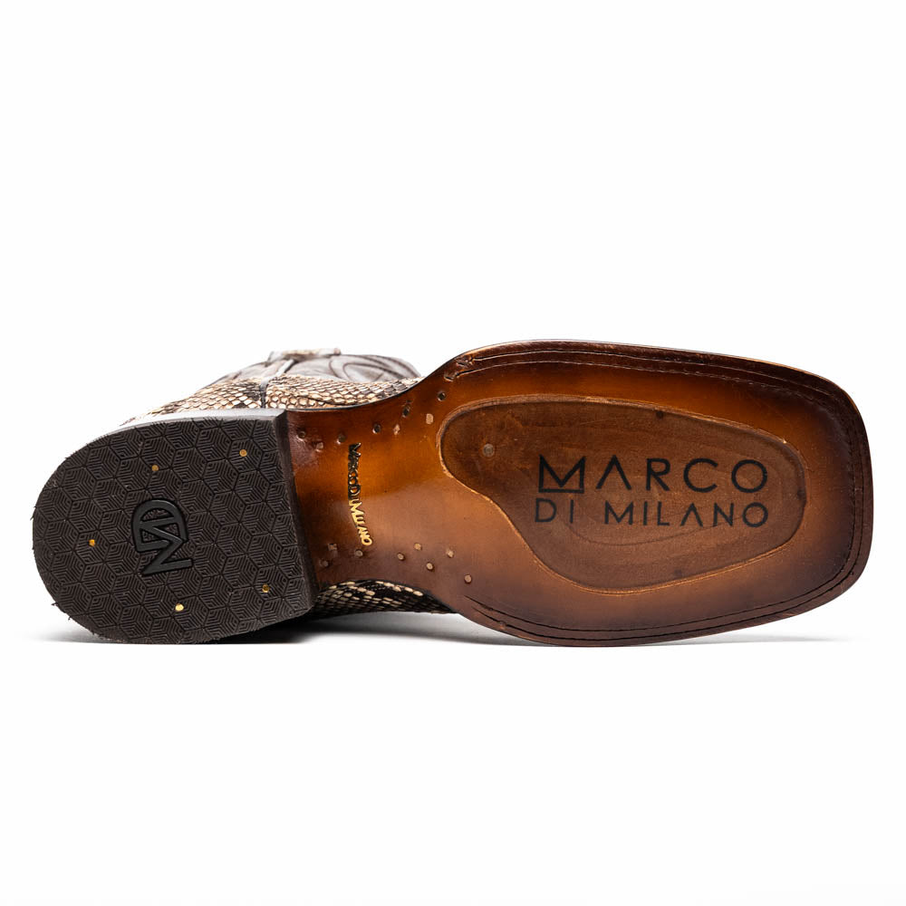 The Missouri Natural by Marco Di Milano: handcrafted men's cowboy boots with a snakeskin texture and brown shaft, featuring a sole stamped with the brand—distinctive exotic western boots.