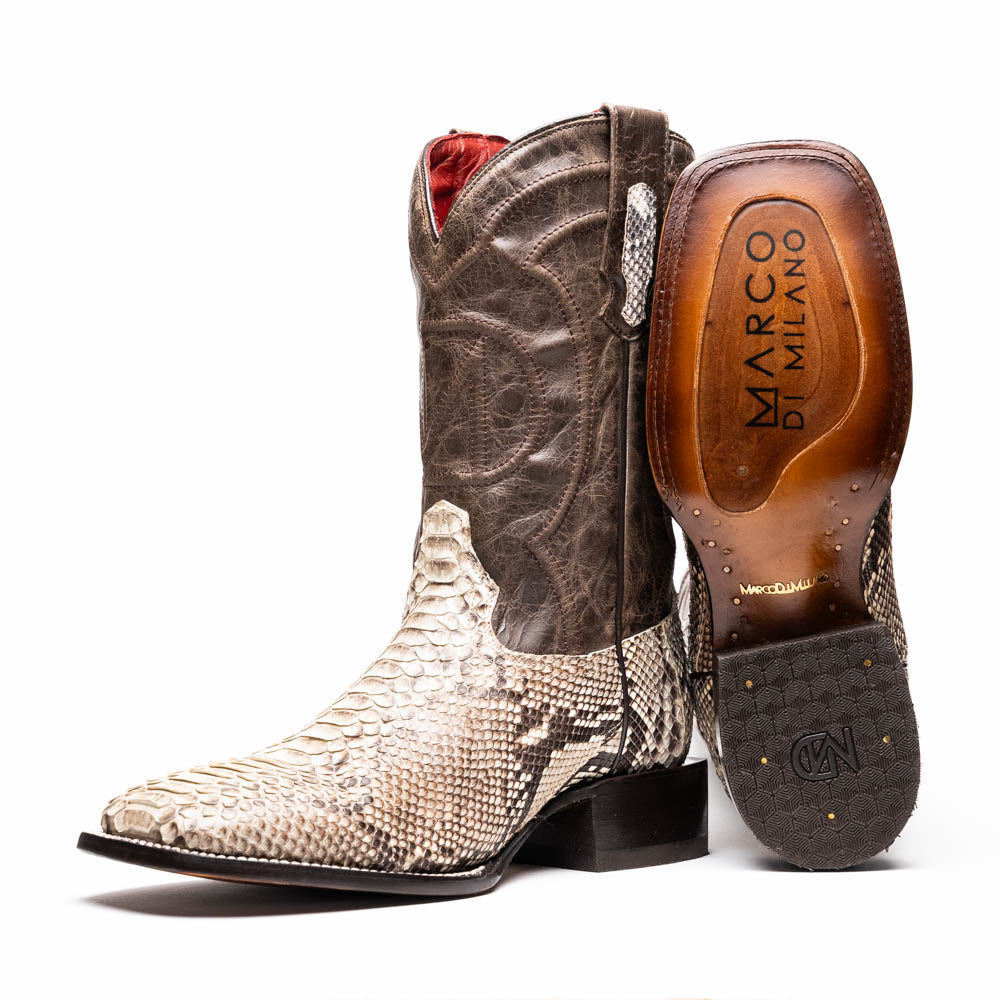The Missouri Natural by Marco Di Milano: handcrafted men's cowboy boots with a snakeskin texture and brown shaft, featuring a sole stamped with the brand—distinctive exotic western boots.