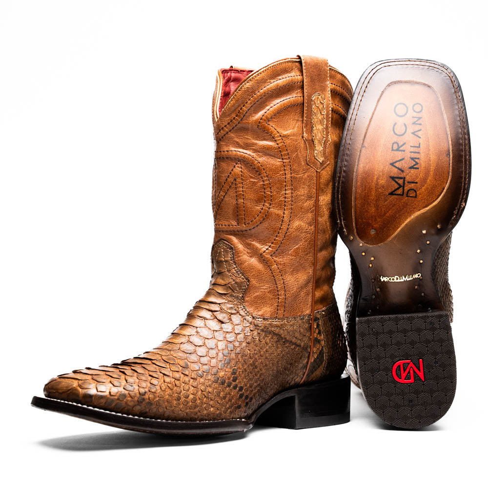 The Missouri Cognac boots by Marco Di Milano showcase classic style and premium detail with brown handcrafted leather, a textured snakeskin pattern, and distinctive branding on the sole.
