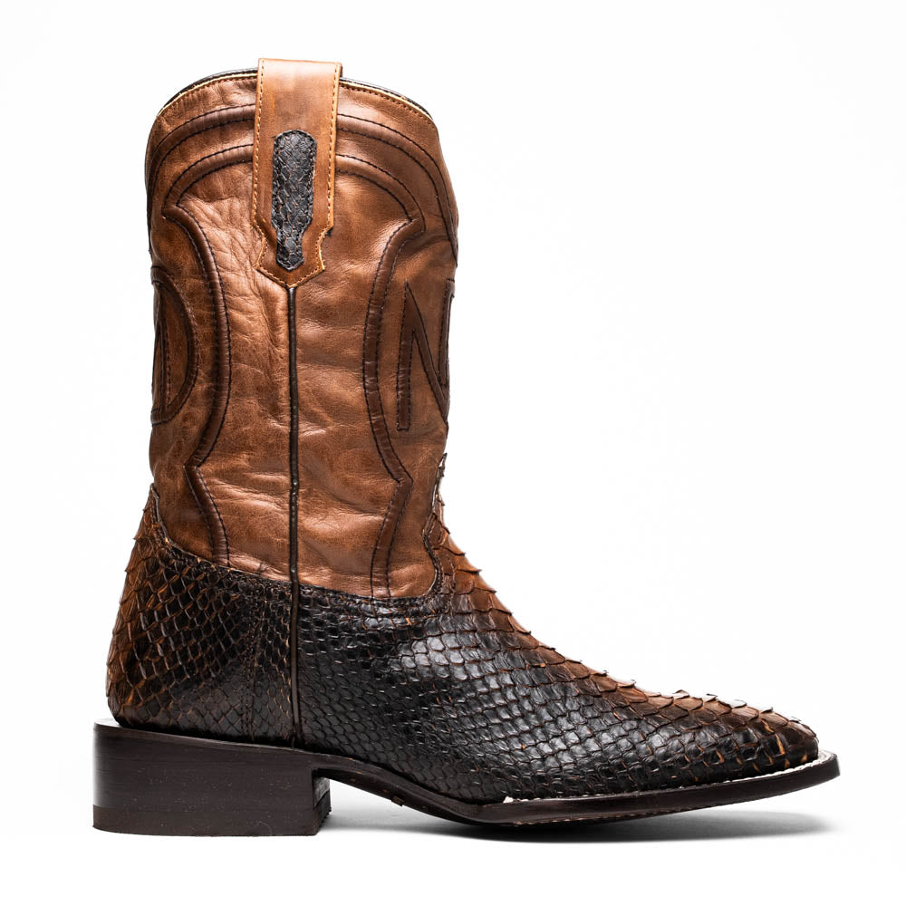 The Missouri Lisboa by Marco Di Milano offers men's cowboy boots with a textured snakeskin-style lower section, smooth upper, and a branded sole for a unique, handcrafted look.