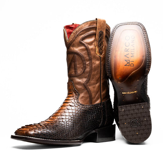 The Missouri Lisboa by Marco Di Milano offers men's cowboy boots with a textured snakeskin-style lower section, smooth upper, and a branded sole for a unique, handcrafted look.