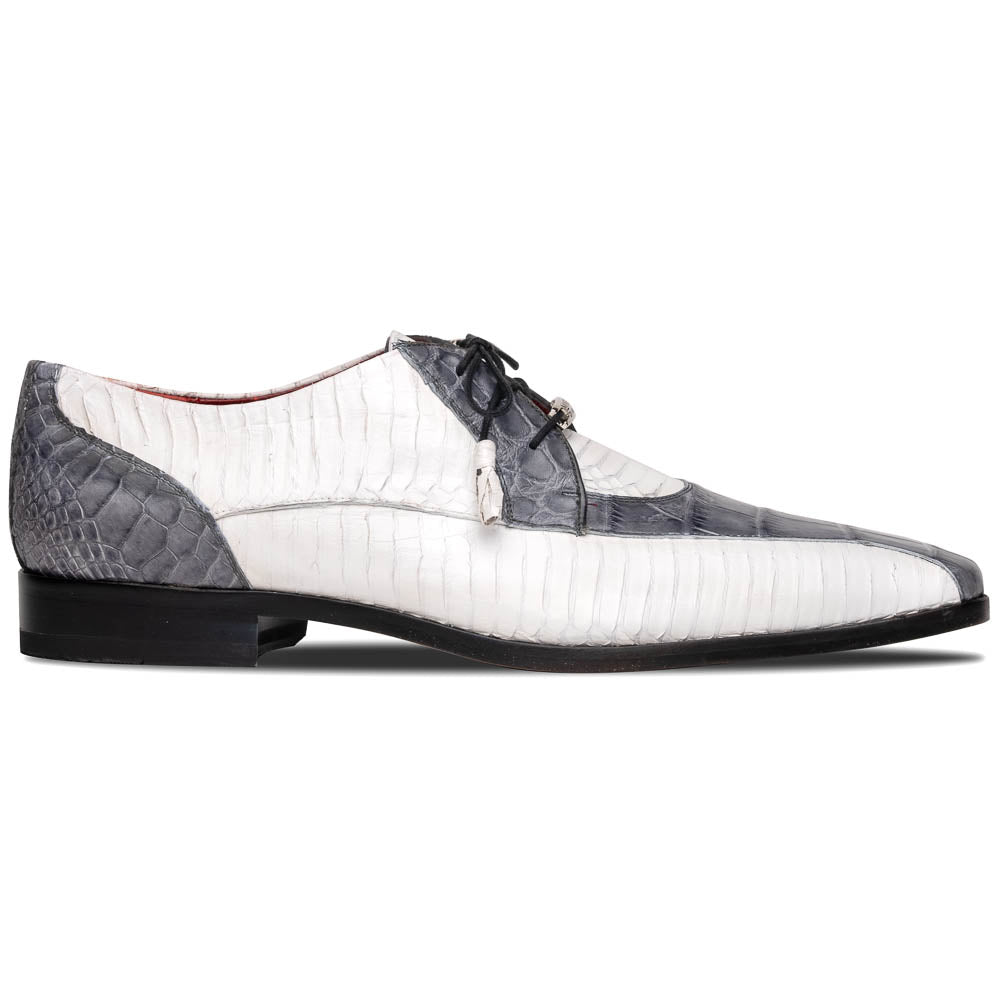 The Marco Di Milano Moncalieri Gray / White men's dress shoes feature a luxury white and grey crocodile pattern, black laces, and black soles, with one shoe stylishly propped against the other.