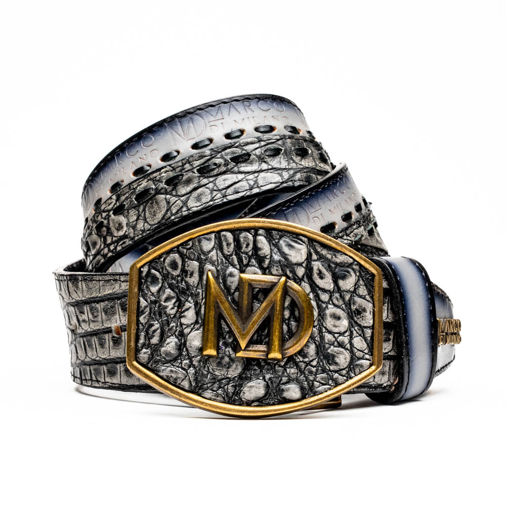 The Montana Belt Stone Gray by Marco Di Milano is a handcrafted leather belt, featuring a gold MD logo buckle and embossed branding on the caiman crocodile strap.