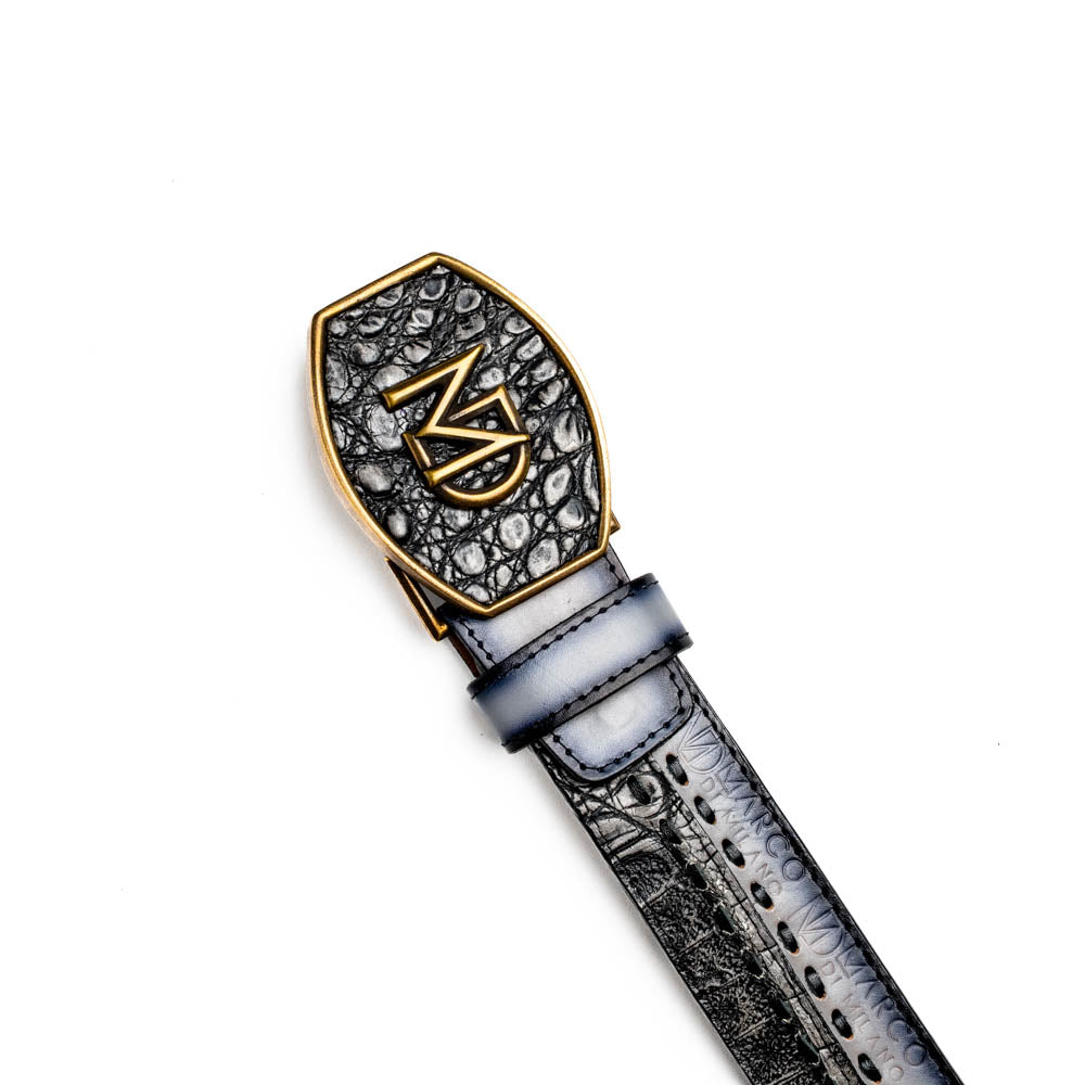 The Montana Belt Stone Gray by Marco Di Milano is a handcrafted leather belt, featuring a gold MD logo buckle and embossed branding on the caiman crocodile strap.