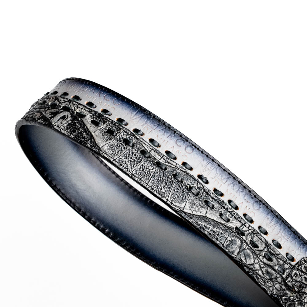 The Montana Belt Stone Gray by Marco Di Milano is a handcrafted leather belt, featuring a gold MD logo buckle and embossed branding on the caiman crocodile strap.
