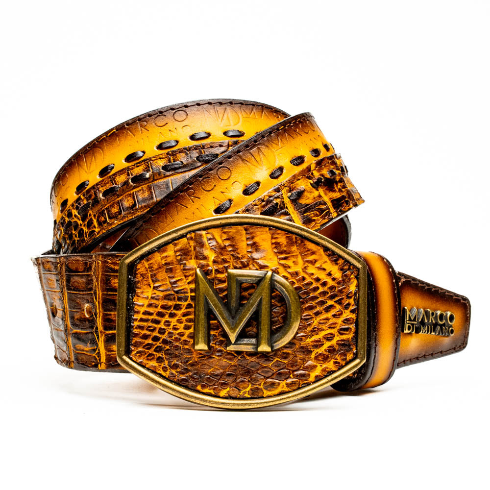 The Montana Belt Mustard Brown by Marco Di Milano features a brown caiman crocodile texture, a bold gold "MD" buckle, and "MARCO DI MILANO" embossed on the side, reflecting the brand’s renowned craftsmanship.