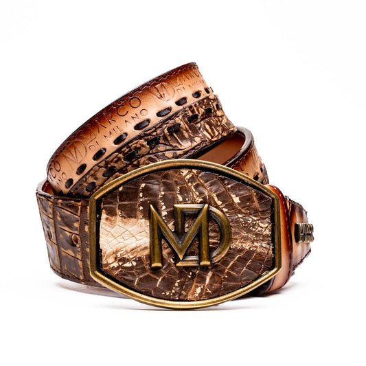 The Montana Belt Stone Brown by Marco Di Milano is a handcrafted western leather belt with a caiman crocodile pattern and a bold gold "MD" buckle.