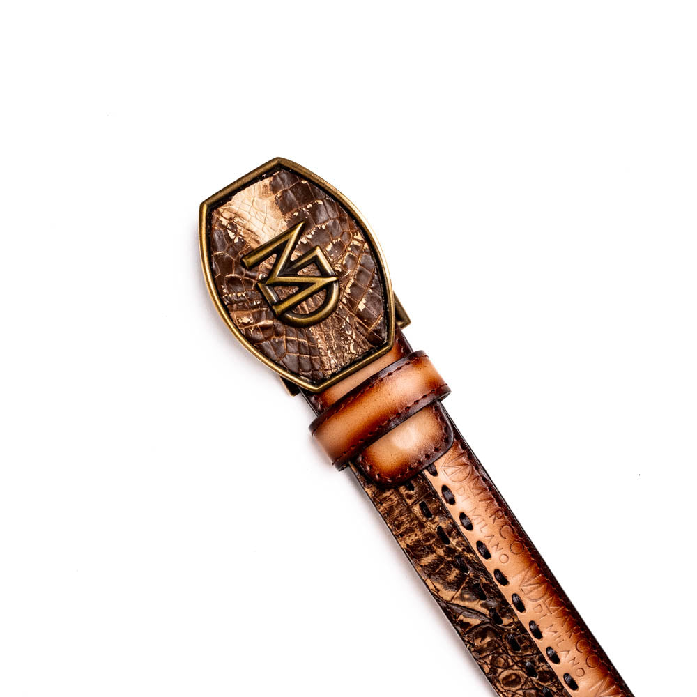 The Montana Belt Stone Brown by Marco Di Milano is a handcrafted western leather belt with a caiman crocodile pattern and a bold gold "MD" buckle.