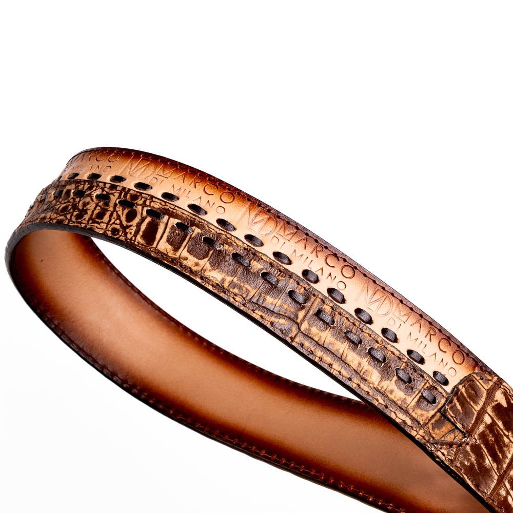 The Montana Belt Stone Brown by Marco Di Milano is a handcrafted western leather belt with a caiman crocodile pattern and a bold gold "MD" buckle.