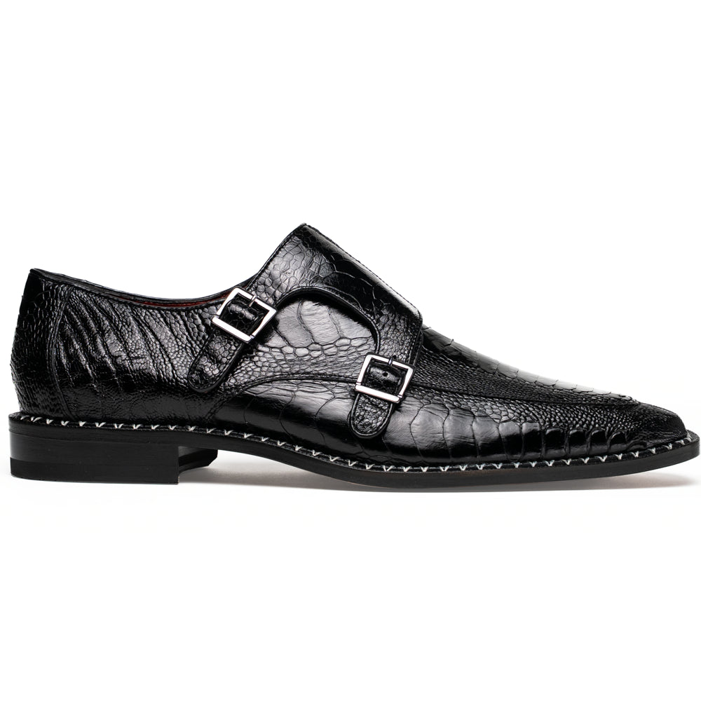 The Marco Di Milano Napoli Black is a pair of genuine ostrich leg dress shoes featuring a textured pattern, double monk strap, and brown branded sole—one shoe upright, the other showing the sole.