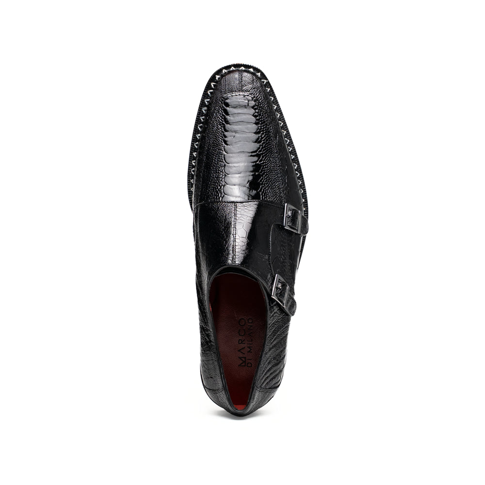 The Marco Di Milano Napoli Black is a pair of genuine ostrich leg dress shoes featuring a textured pattern, double monk strap, and brown branded sole—one shoe upright, the other showing the sole.
