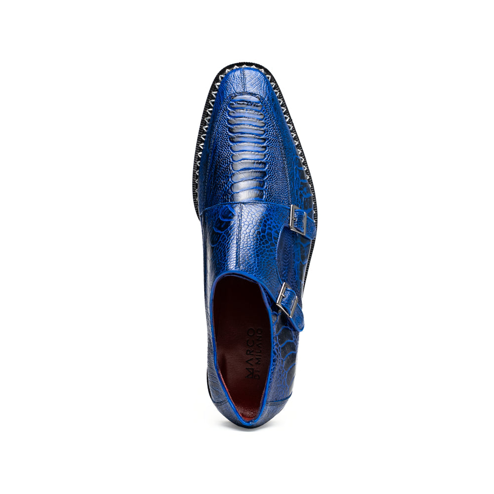 The Marco Di Milano Napoli Electric Blue exotic leather double monk strap shoes are shown: one upright and one on its side displaying the sole, set against a white background.