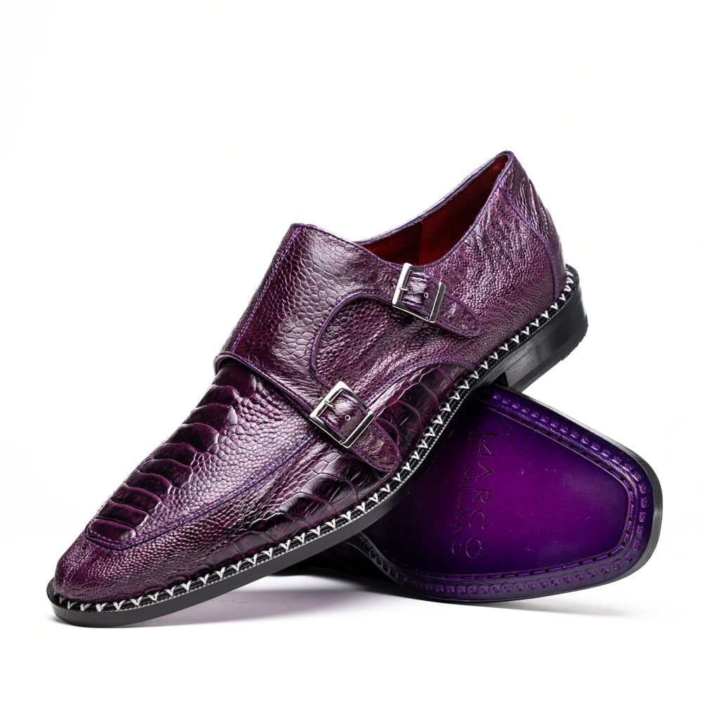 The Marco Di Milano Napoli Purple dress shoes feature genuine ostrich leather, a double monk strap, and textured detailing, with one shoe shown on its side to highlight the sole.